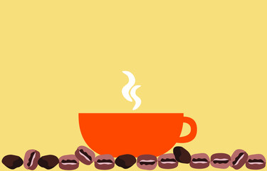 Brown coffee beans background with coffee and free space