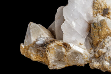 Macro mineral stone Snow quartz with calcite on a black background