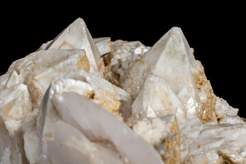 Macro mineral stone Snow quartz with calcite on a black background