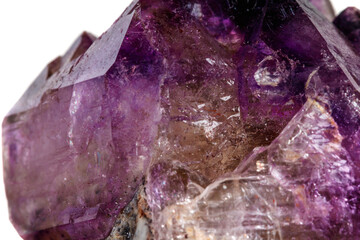 Macro Mineral Stone Amethyst together smoky quartz, rauchtopaz on a white background