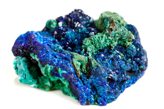 Macro mineral stone malachite with azurite on white background