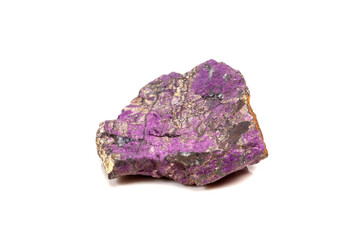 Macro mineral stone purpureus, (purple) purpurite in the breed a white background