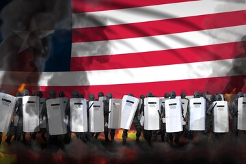 Liberia police swat in heavy smoke and fire protecting order against revolt - protest fighting concept, military 3D Illustration on flag background
