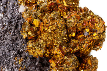 Macro mineral stone  Chalcopyrite on a white background