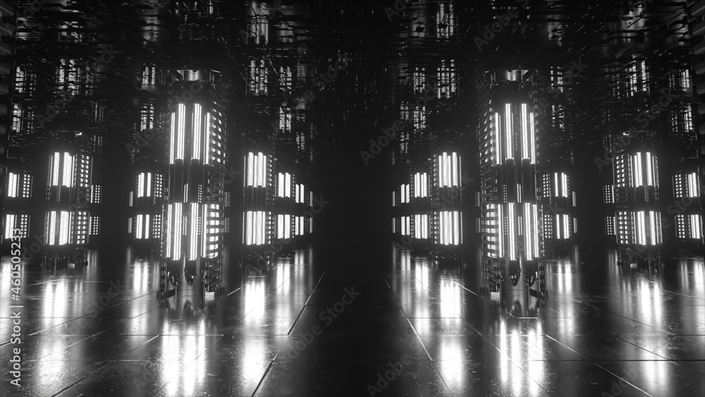Poster a long futuristic corridor with a technological interior. neon light moving rapidly from the end of 
