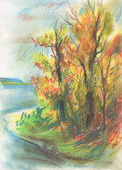 trees in autumn on the shore sketch  - 460505483