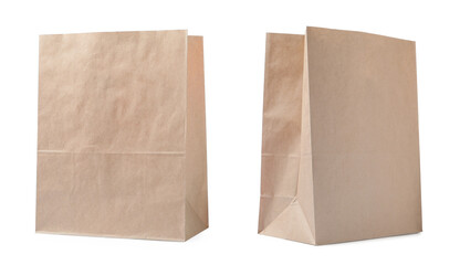 Open kraft paper bags on white background, collage