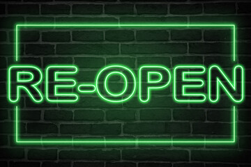 open neon sign. green glow. neon text. Brick wall lit by neon lamps. Night lighting on the wall. Trendy Design. light banner, bright advertisement