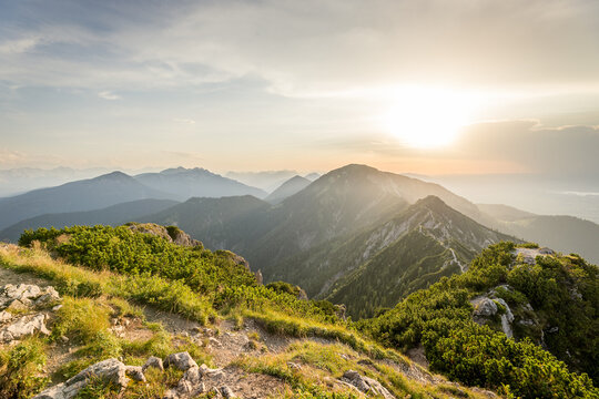 View from the peak of the Herzogstand in Bavaria Germany with a colorful sunset