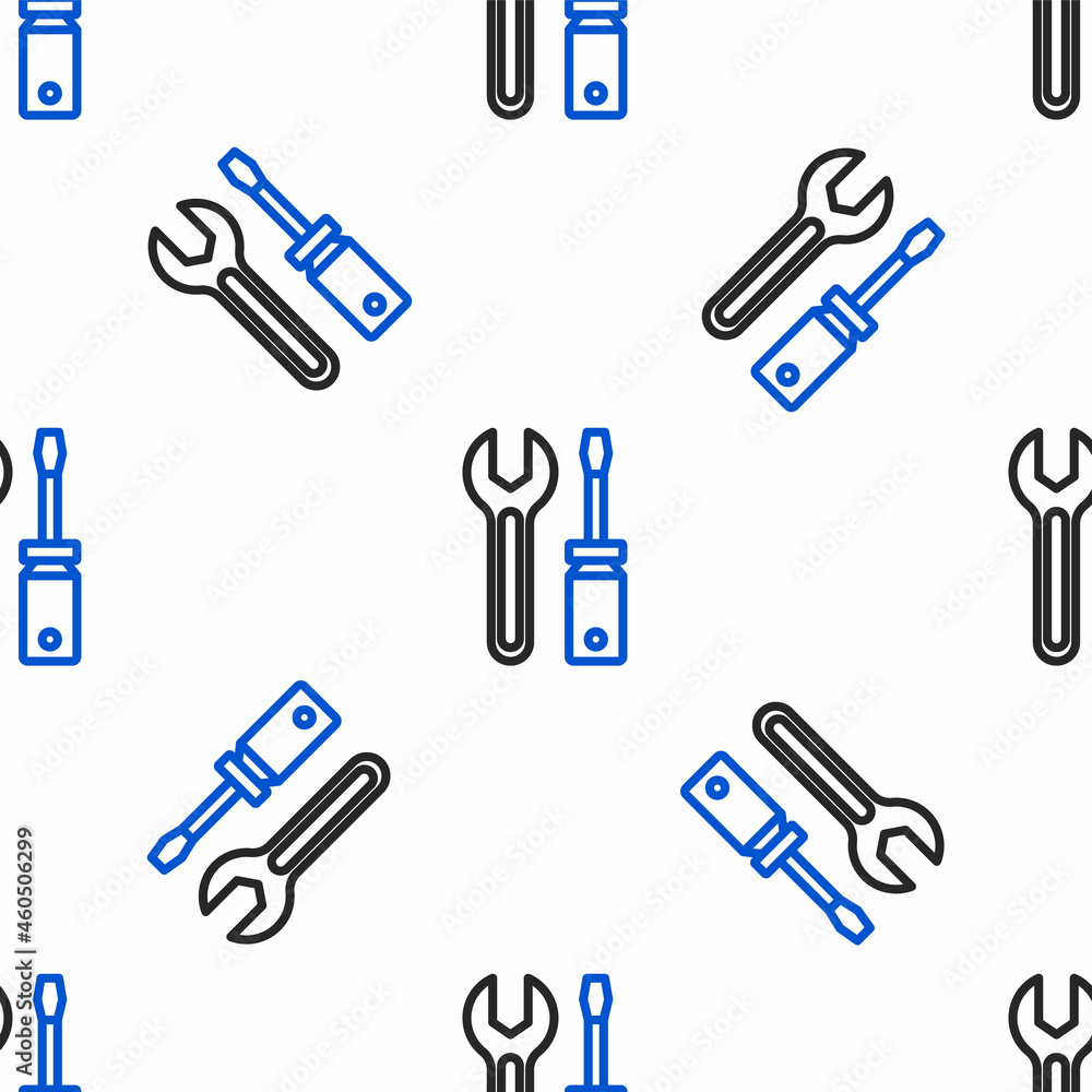 Aufkleber line screwdriver and wrench spanner tools icon isolated seamless pattern on white background. servic