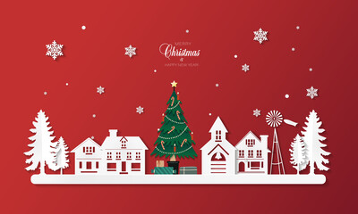 Christmas tree with gifts in a winter town. Vector illustration in paper cut style