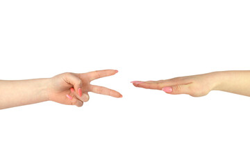 Closeup of hands making: Rock, paper, scissors isolated on white