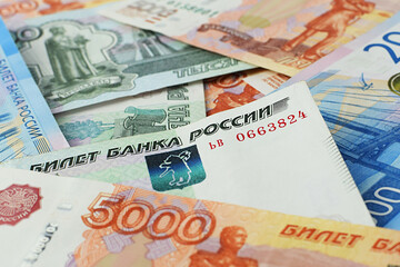 Money background. Banknotes of Russian rubles. Cash loan. . Top view, flat lay. Selective focus. Top view, flat lay.