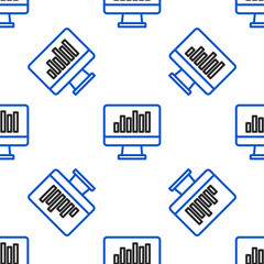 Line Computer monitor with graph chart icon isolated seamless pattern on white background. Report text file icon. Accounting sign. Audit, analysis, planning. Colorful outline concept. Vector