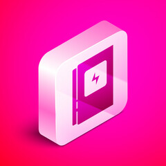 Isometric Electrical panel icon isolated on pink background. Silver square button. Vector