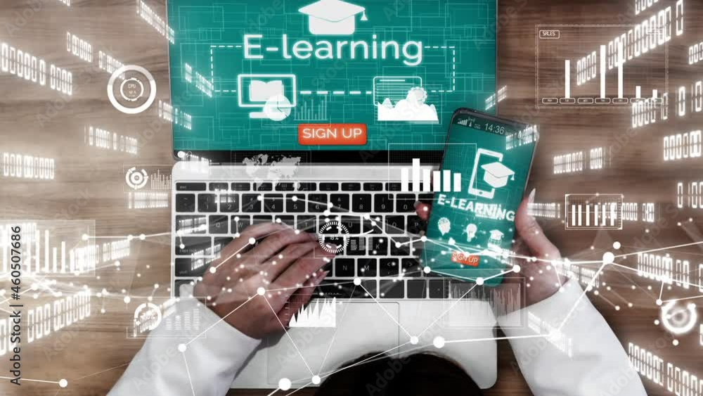 Poster E-learning and Online Education for Student and University conceptual . Graphic interface showing technology of digital training course for people to do remote learning from anywhere.