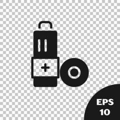 Black Battery icon isolated on transparent background. Lightning bolt symbol. Vector