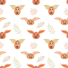 Watercolor seamless pattern from hand painted illustration of orange pumpkins with scary faces for Halloween with leaves like wings isolated on white for fabric material, design postcard, packaging