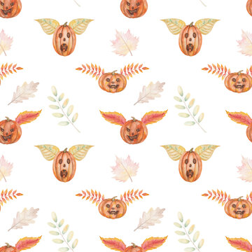 Watercolor seamless pattern from hand painted illustration of orange pumpkins with scary faces for Halloween with leaves like wings isolated on white for fabric material, design postcard, packaging