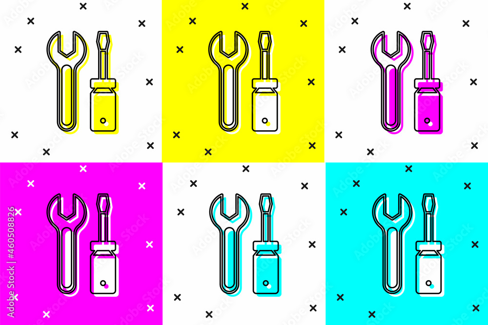 Aufkleber set screwdriver and wrench spanner tools icon isolated on color background. service tool symbol. vec
