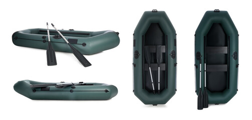 Set with inflatable rubber fishing boats on white background, top view. Banner design