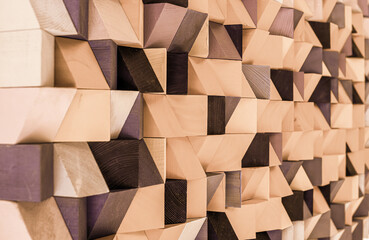 Natural color wood block wall cubic texture background . Modern contempolary woodwork wallpaper artwork design .