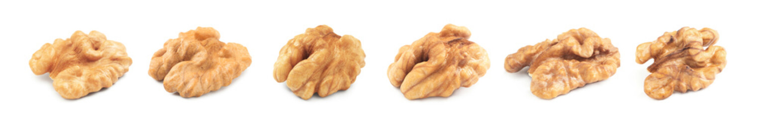Set with tasty walnuts on white background. Banner design