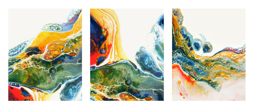 Interior abstract triptych. Art flow acrylic and watercolor marble blot painting. Color wave texture background..