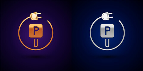 Gold and silver Charging parking electric car icon isolated on black background. Vector