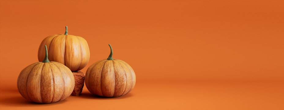 Three Pumpkins on a Orange colored background. Autumn themed Banner with copy-space.