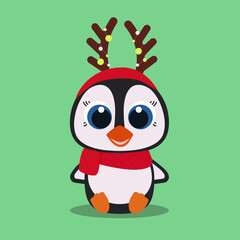 A cute New Year's penguin with horns and garlands, a red scarf and a hat.
