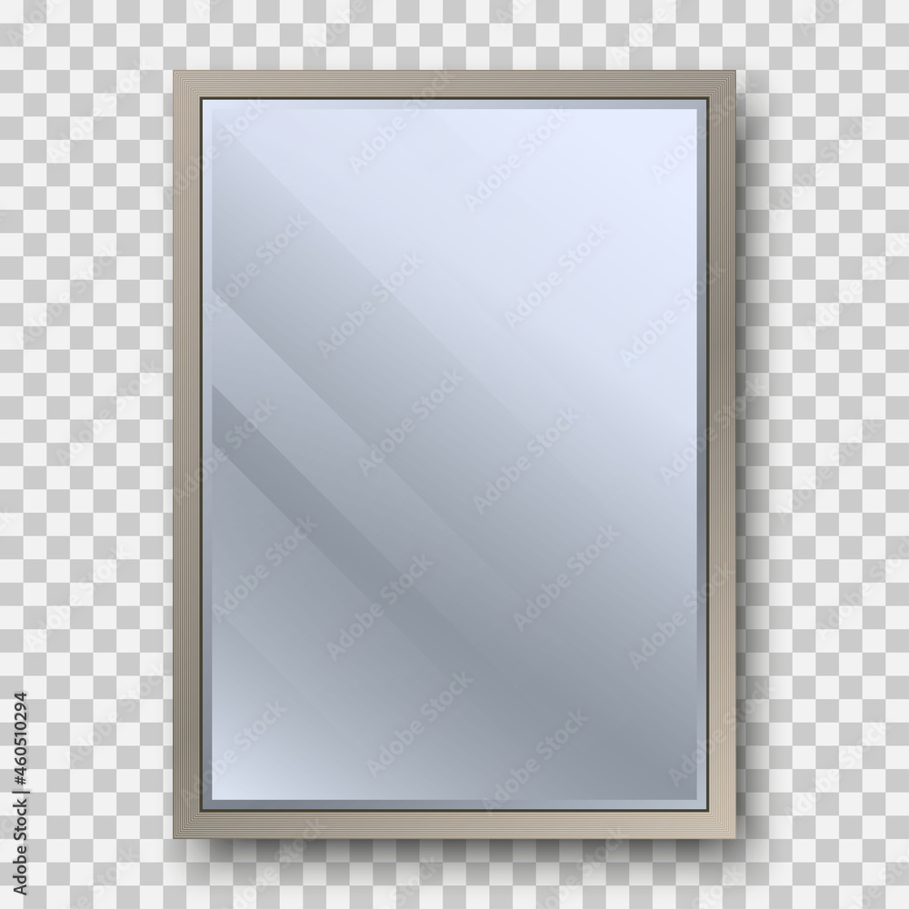 Poster realistic square mirror with reflection on glass. geometrical mirror with rectangle frame shape. ref