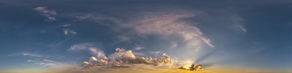 hdri 360 panorama of sunset sky with white beautiful clouds in seamless projection with zenith for...