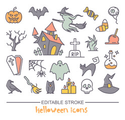 Linear icons with editable outline. Traditional Halloween symbols. Vector icons