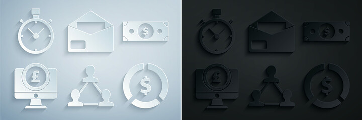 Set Project team base, Stacks paper money cash, Computer monitor with pound sterling symbol, Coin dollar, Envelope and Stopwatch icon. Vector