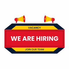 we are hiring or job vacancy banner with megaphone, chair vector illustration or abstract shapes png