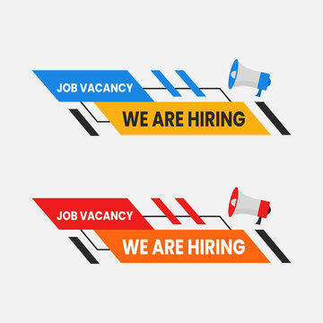  job vacancy and we are hiring banner with megaphone, chair vector illustration or abstract shapes png