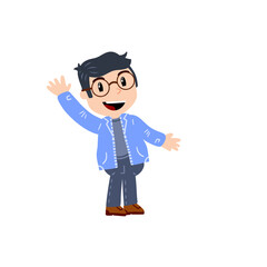 Little boy with glasses. Happy smart child waves his hand. Cute Character in blue clothes. Flat cartoon illustration