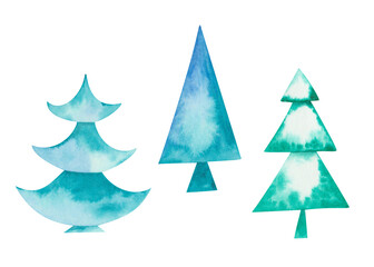 Watercolor illustration hand drawn fir tree, pine, green, blue spruce isolated on white. Forest clip art for Christmas, New Year. Winter elements for design postcard, packaging paper, fabric material