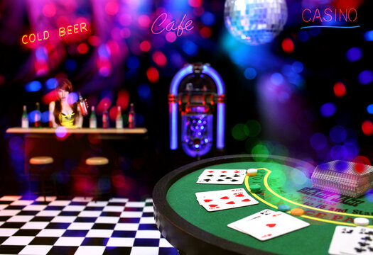 Miniature Poker Table Bar Scene Composite Image With Neon Signs and Bokeh