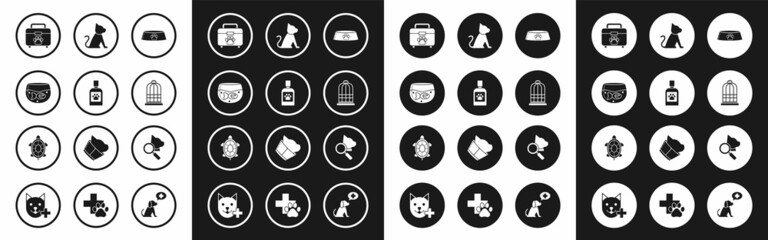 Set Pet food bowl for cat or dog, Dog medicine bottle, Aquarium with fish, first aid kit, Cage birds, Cat, Veterinary clinic symbol and Turtle icon. Vector