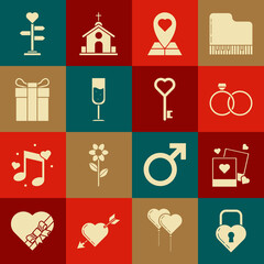 Set Castle in the shape of a heart, Two blanks photo frames and hearts, Wedding rings, Map pointer with, Glass champagne, Gift box, Signpost and Key icon. Vector
