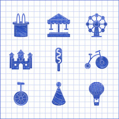 Set Corn dog, Party hat, Hot air balloon, Vintage bicycle with one big wheel and one small, Unicycle, Castle, Ferris and Magician rabbit ears icon. Vector © Oksana