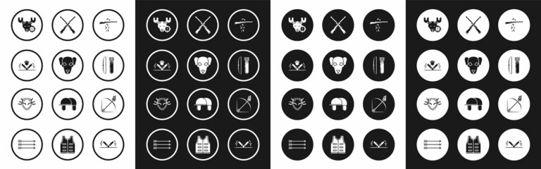 Set Gun shooting, Hunting dog, Trap hunting, on moose with crosshairs, Bow and arrow quiver, Two crossed shotguns, fire and Deer antlers shield icon. Vector