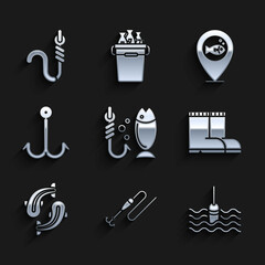 Set Fishing, line with hook and float, water, boots, Location fishing and worm icon. Vector