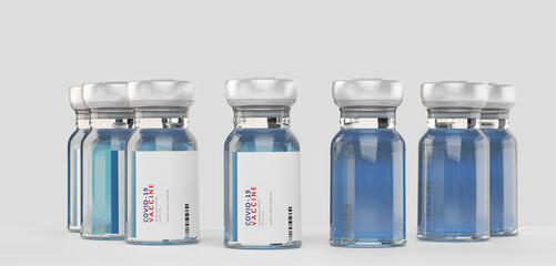 Vaccination design. COVID-19 Coronavirus. Vaccine doses in glass bottles 3d-illustration