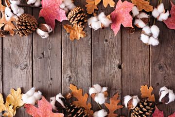 Autumn leaves and natural decor. Double border over a rustic dark wood background. Overhead view with copy space.