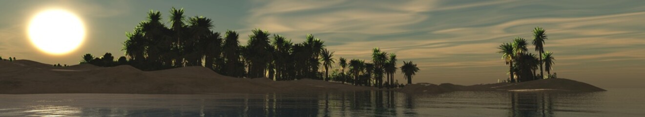 Fototapeta na wymiar Beautiful seascape with a tropical beach with palm trees at sunset, 3D rendering 