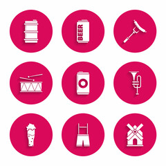 Set Beer can, Lederhosen, Windmill, Musical instrument trumpet, Glass of beer, drum and drum sticks, Sausage on the fork and Metal keg icon. Vector