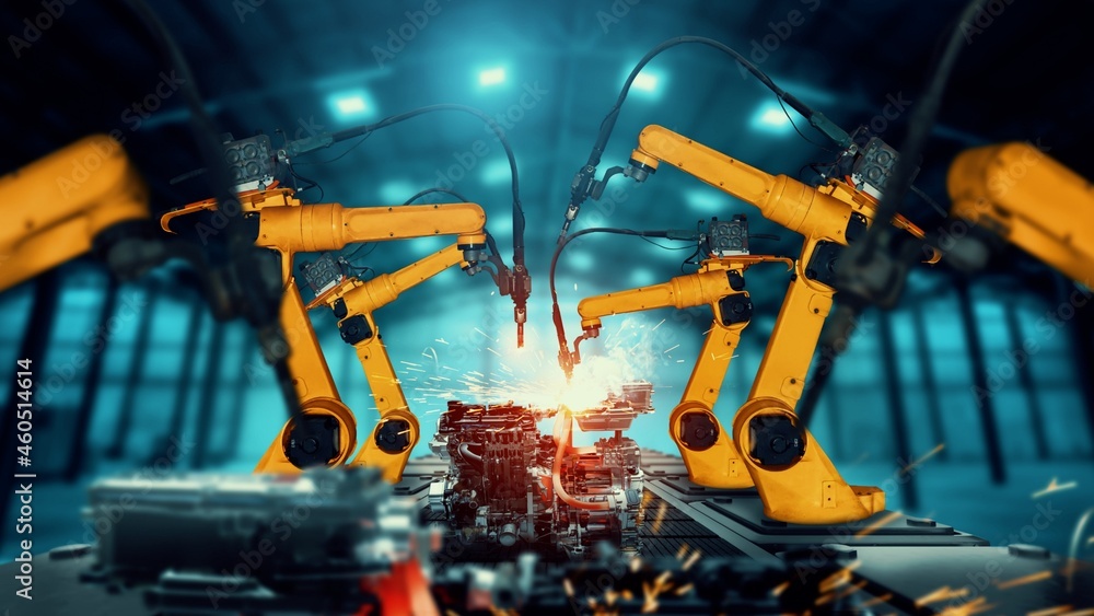 Aufkleber mechanized industry robot arm for assembly in factory production line . concept of artificial intell